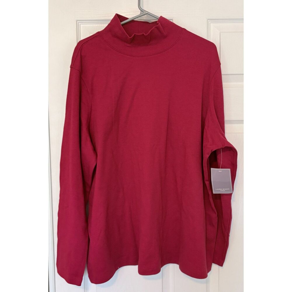Laura Scott Women’s Mock Neck Top Red Cotton Long Sleeve 20-22W New With Tag